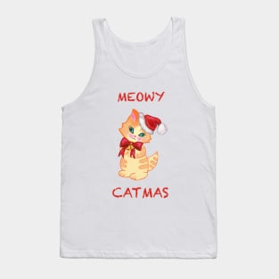 Cute orange stripped tabby kitty Kawaii Meowy christmas wearing a Santa hat. Tank Top